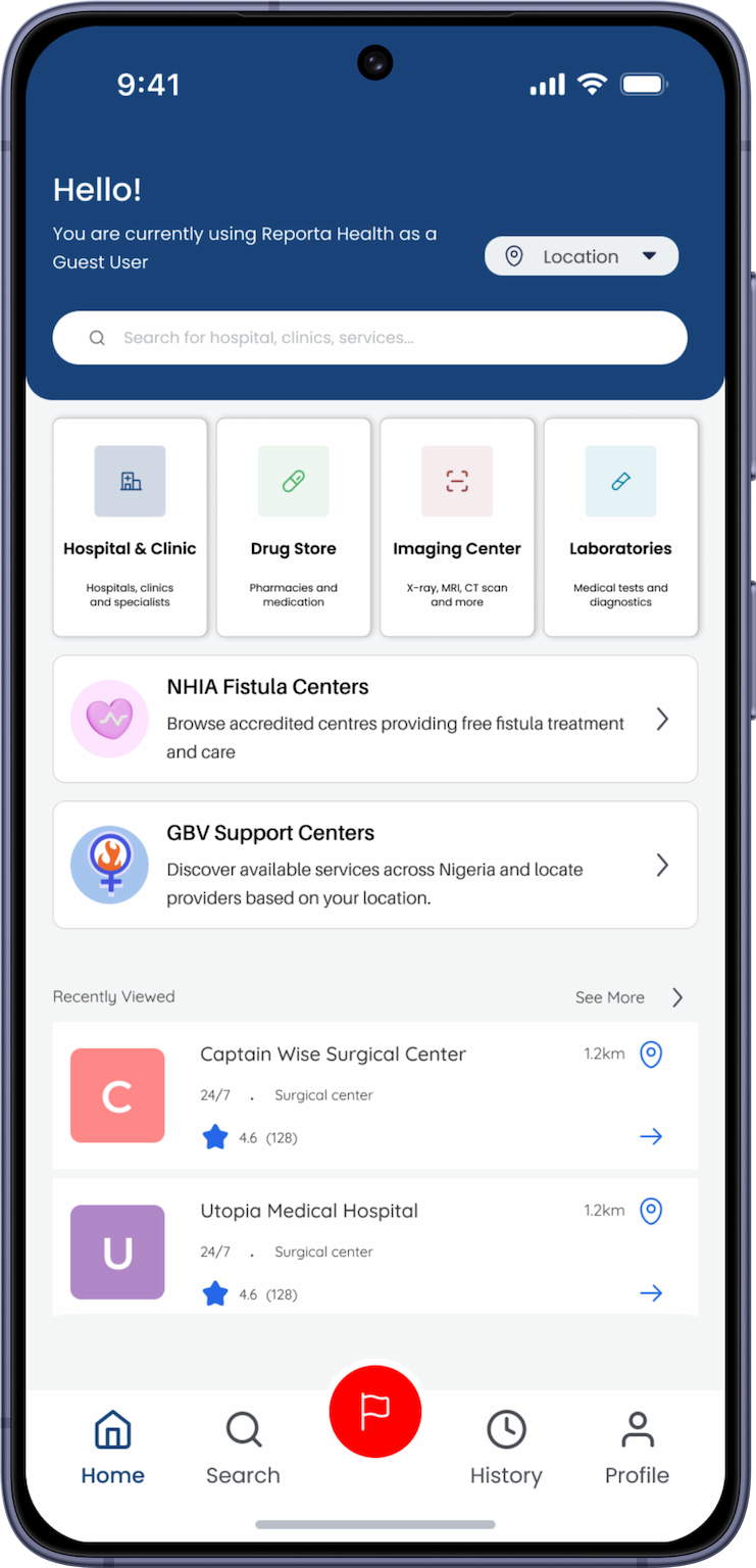 Reporta Health app home screen