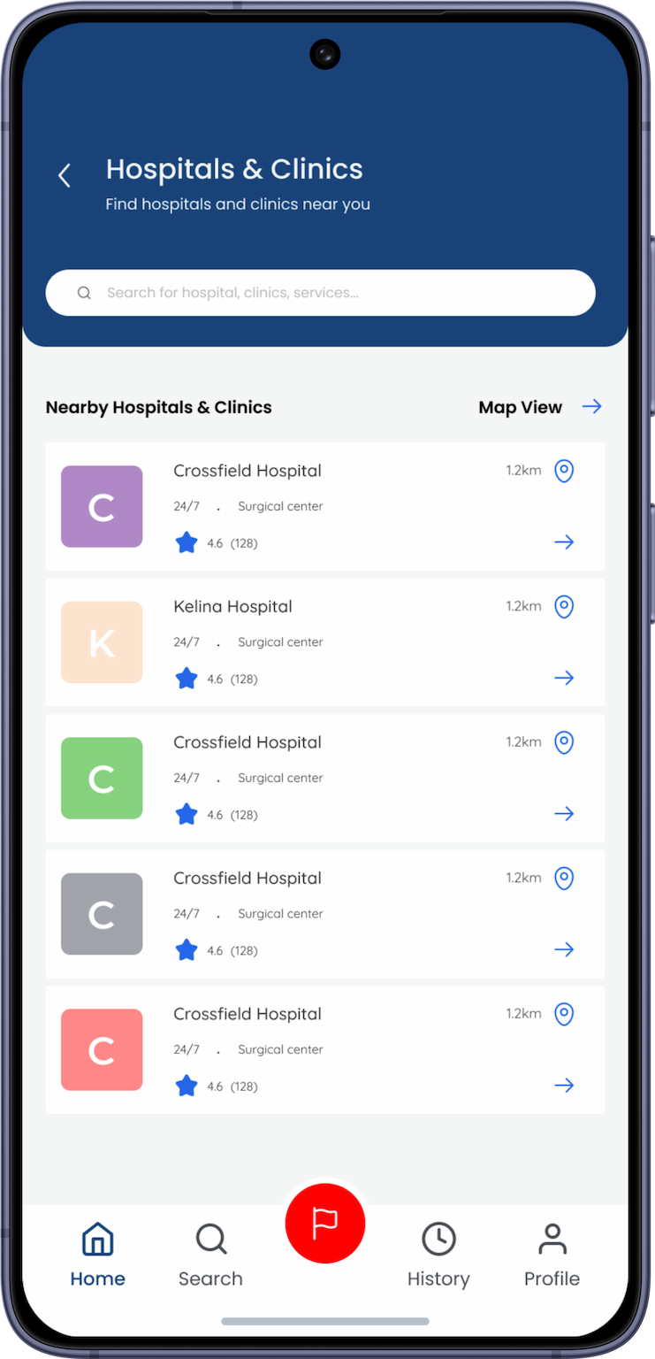 Nearby hospitals and clinics screen