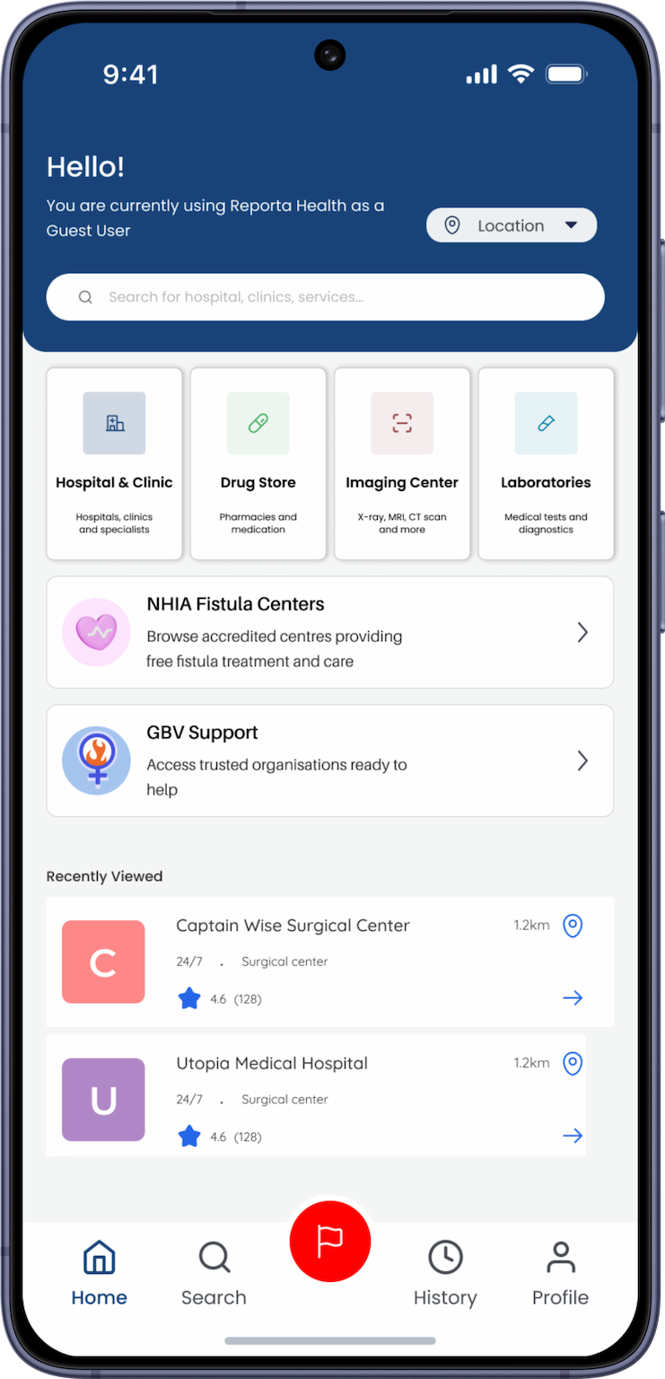 Reporta Health home screen